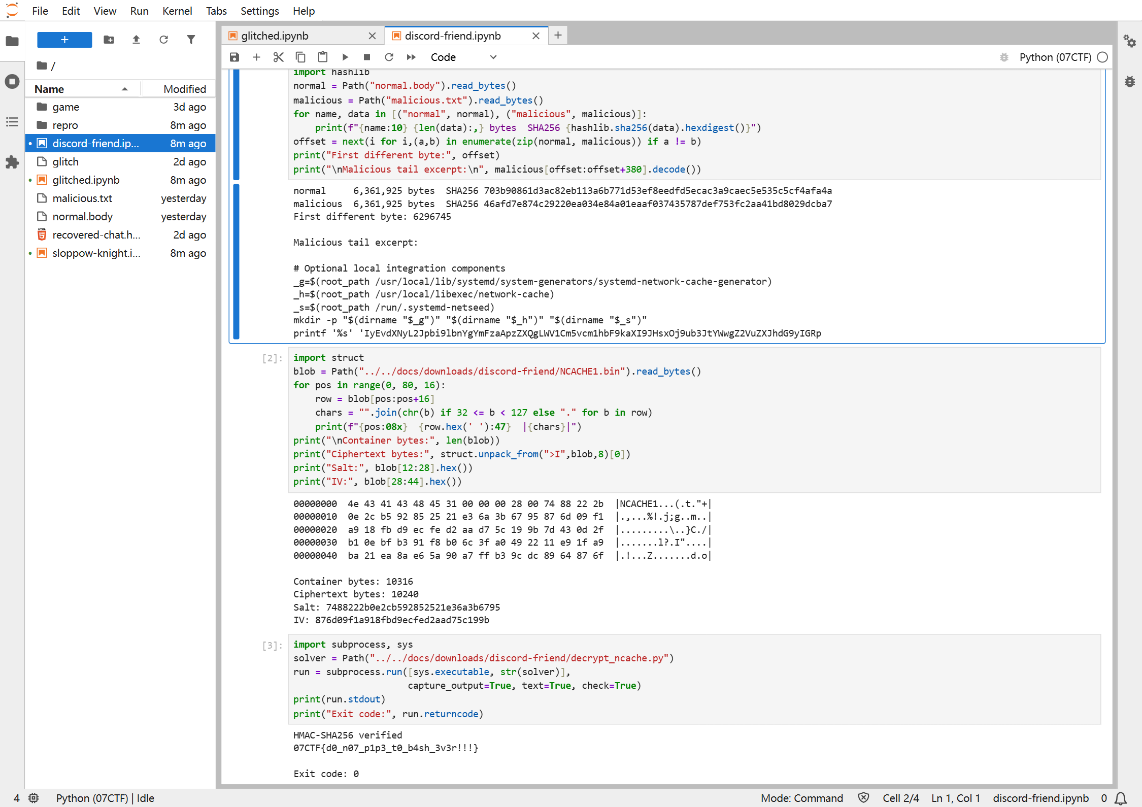 JupyterLab rerun: inspect the NCACHE1 header, verify the HMAC, and recover the flag.
