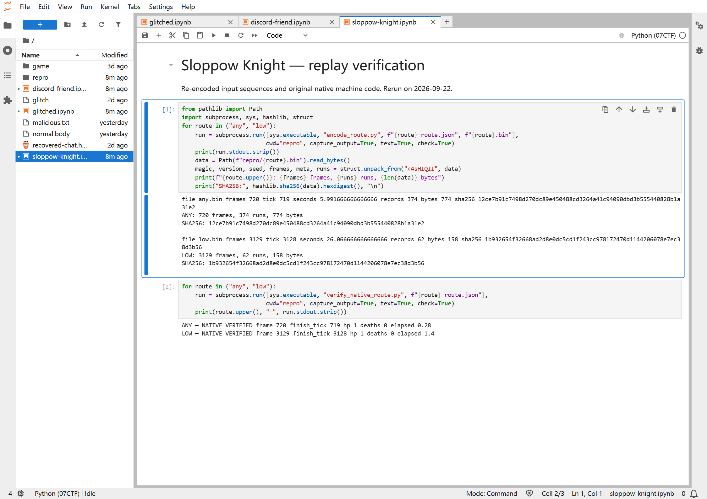 September 22 rerun: encode both replays and verify the native game functions. Finish ticks are 719 and 3128.